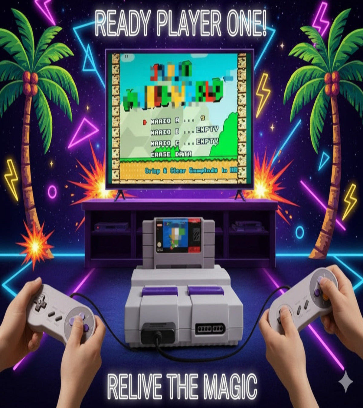 mini version of the super Nintendo console new Vintage video game console with two controllers, retro game screen, palm trees, and neon lights on a dark blue background.