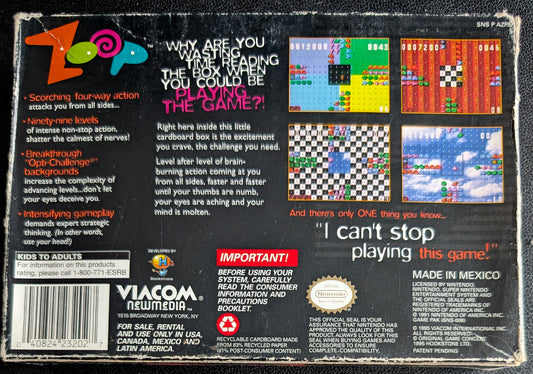 Zoop – Authentic Super Nintendo (SNES) – 1995 Cartridge + Box + Manual + Protector