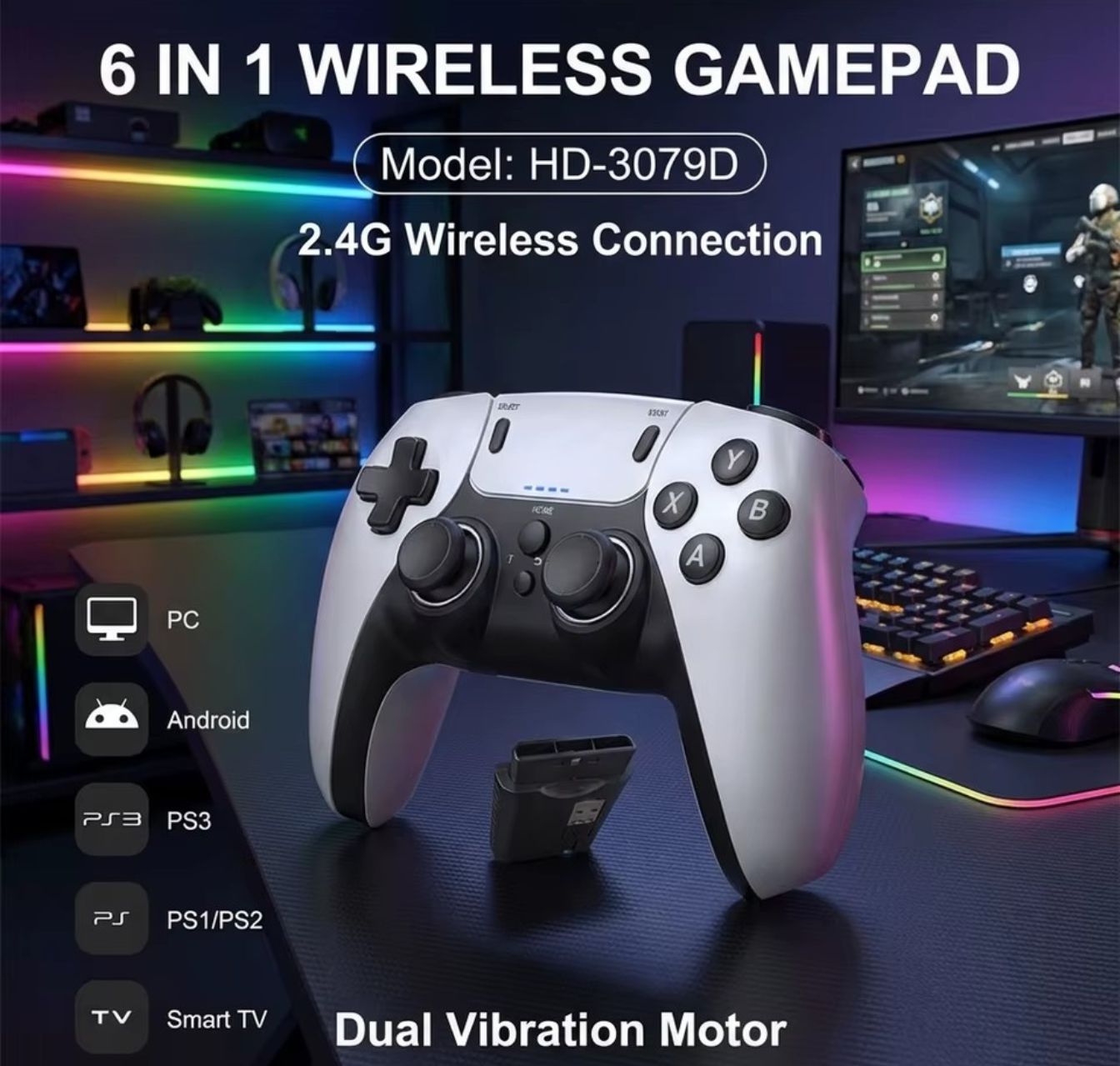 6-in-1 Wireless Gaming Controller (Aftermarket) | PS1 PS2 PS3 | PC Android Smart TV | 2.4GHz Adapter Included
