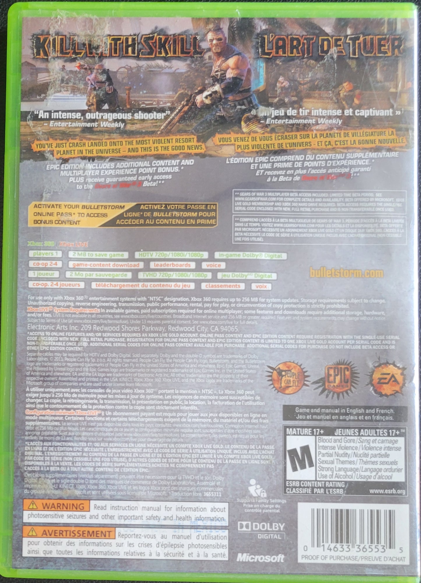 BulletStorm Epic Edition - (CIB) - Microsoft XBOX 360 - Pre-Owned Like New CLEAN DISC