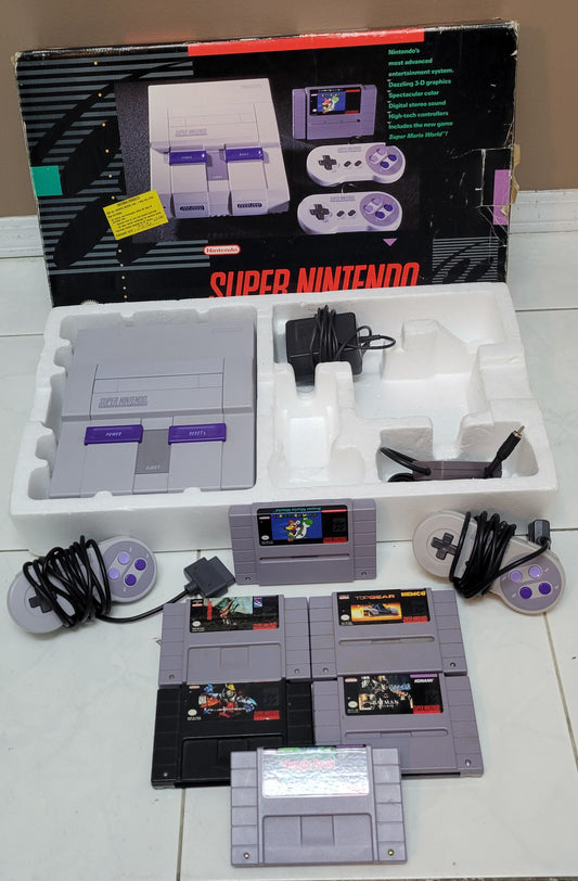 Authentic SNES (Super Nintendo Ent. System) Lot Complete In Box Styrofoam In Tact + 6 Games + 2 Controllers & Hook Up Cords IMMACULATE COND.