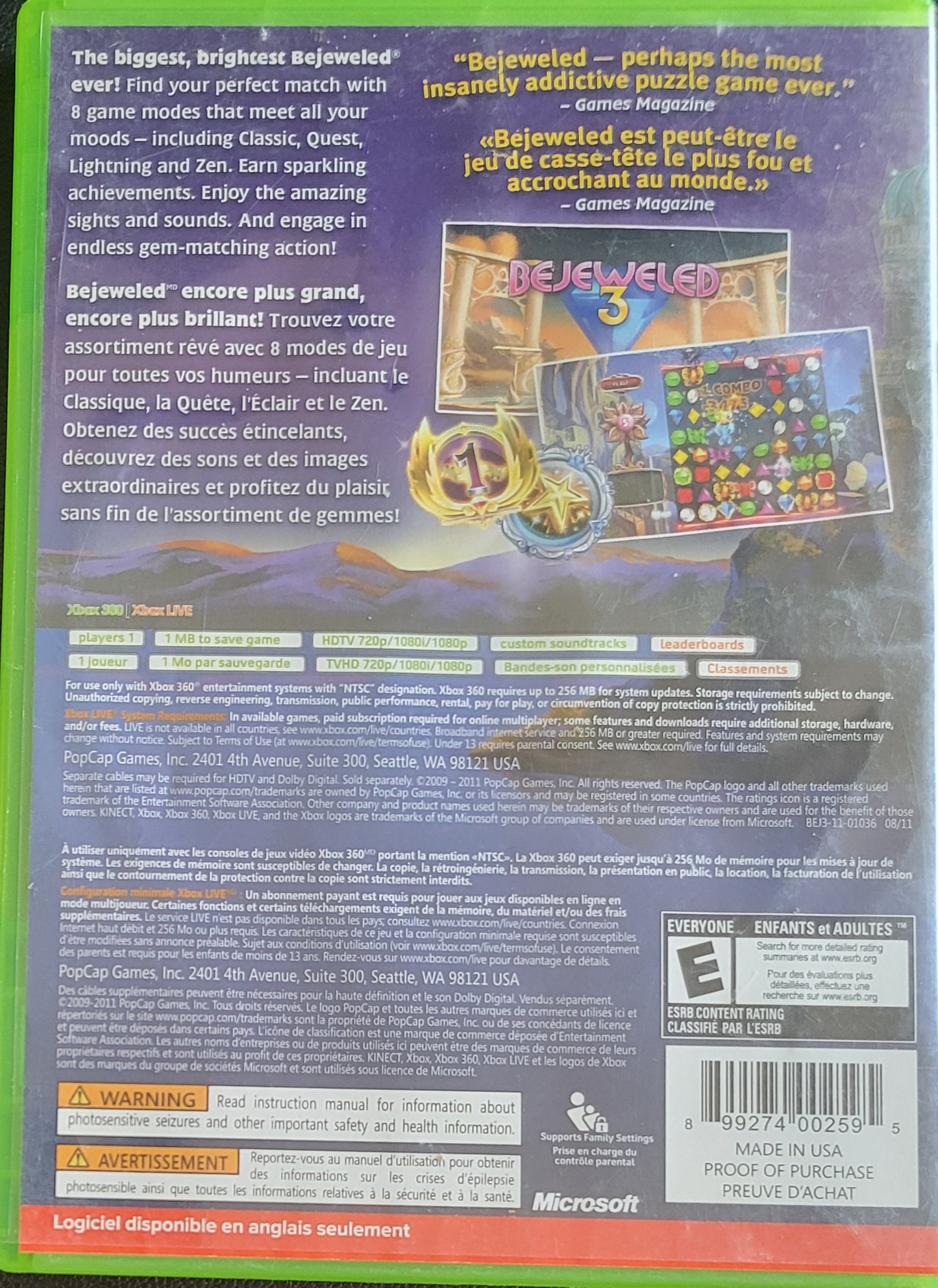 Bejeweled 3 - (CIB) - Microsoft XBOX 360 - Pre-Owned Like New CLEAN DISC
