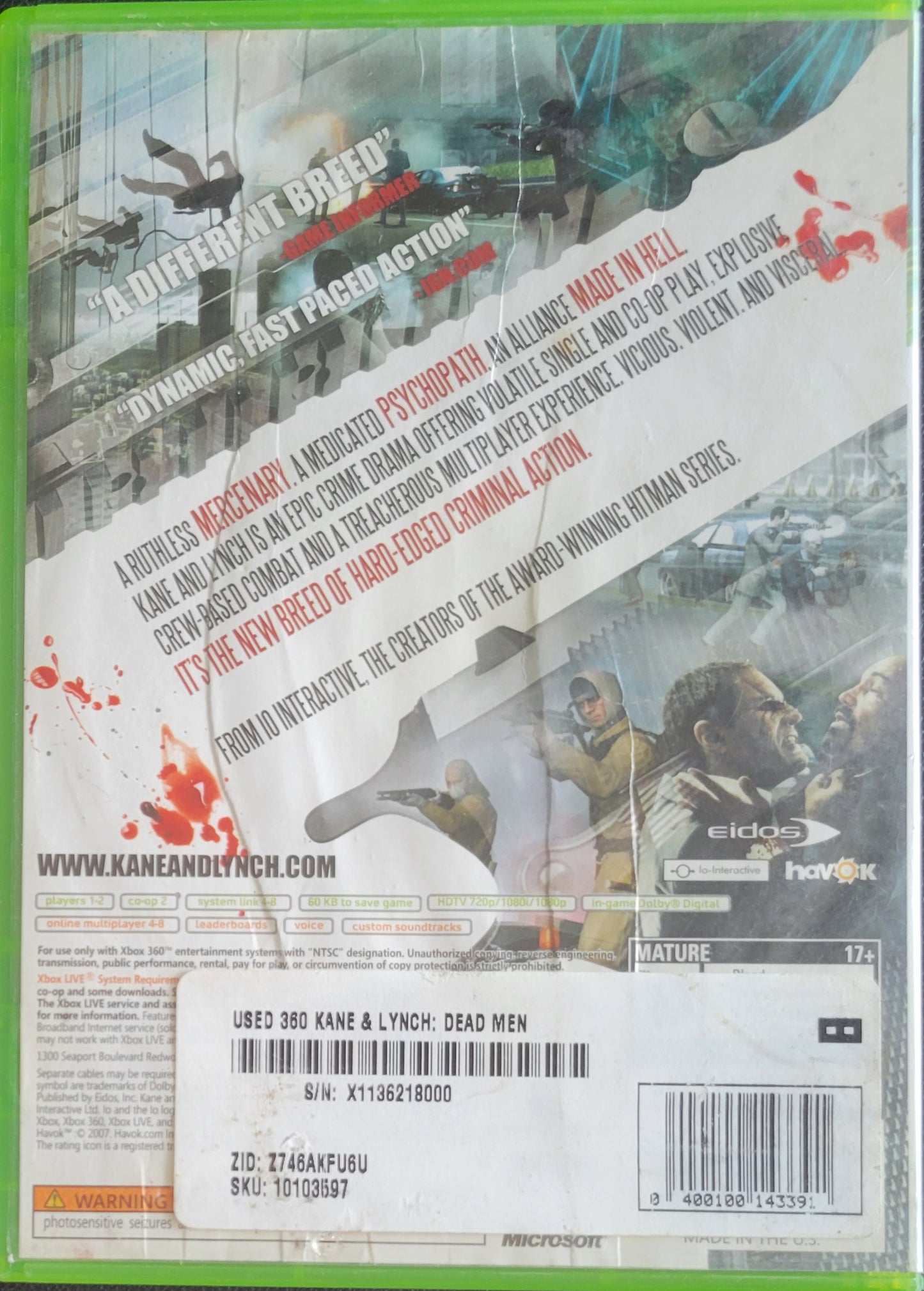 Kane & Lynch: Dead Men - (CWB) - Microsoft XBOX 360 - Pre-Owned Like New CLEAN DISC
