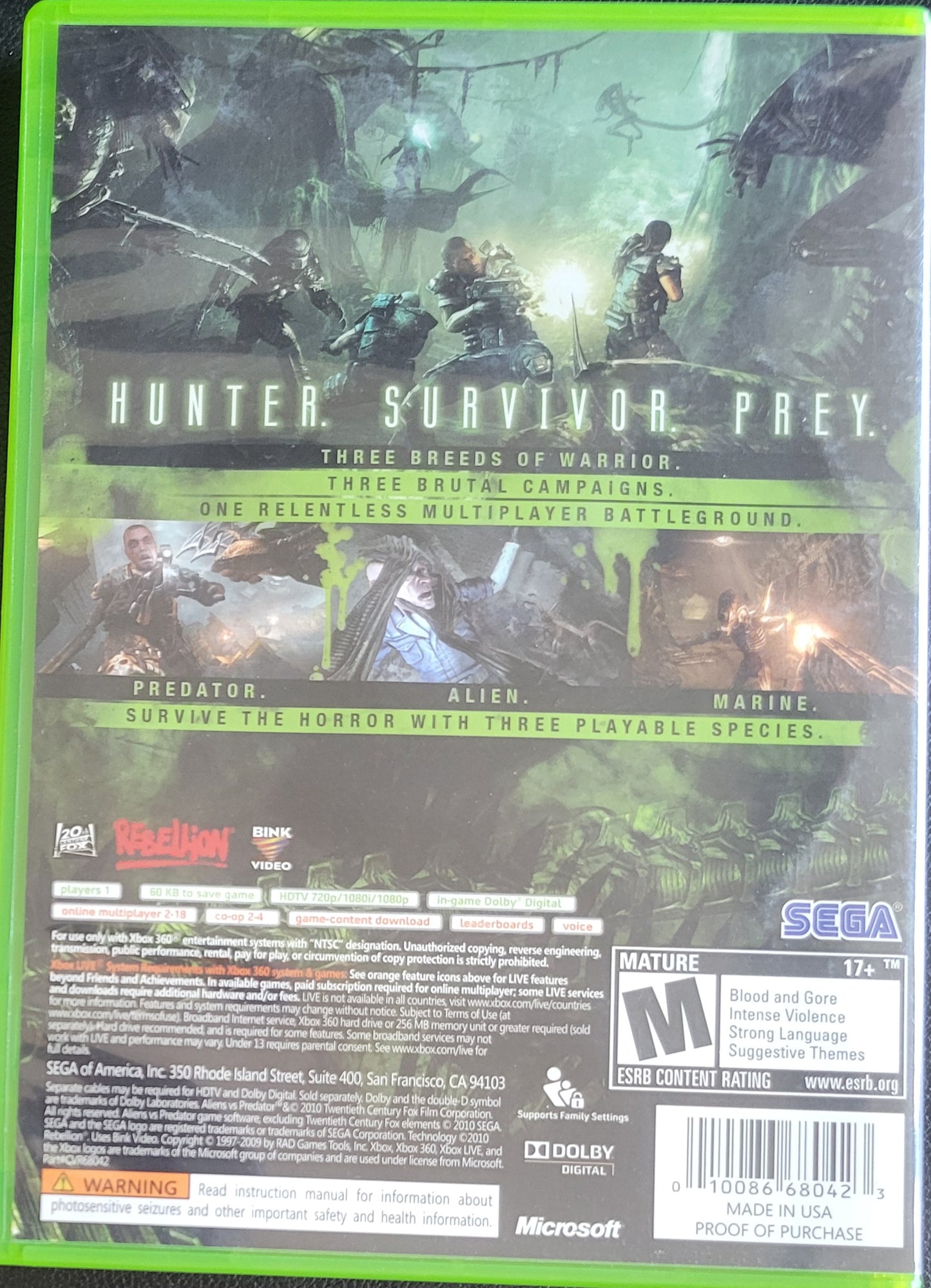 Aliens Vs Predator - (Mint CIB) - Microsoft XBOX 360 - Pre-Owned Like New CLEAN DISC
