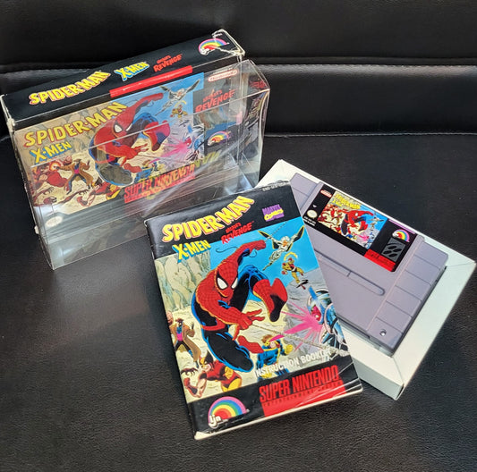 Authentic X-Men Spiderman: Arcades Revenge  CIB Box + Manual - SNES - Super Nintendo Ent. System NTSC/PAL Cartridge Plus Plastic Protector