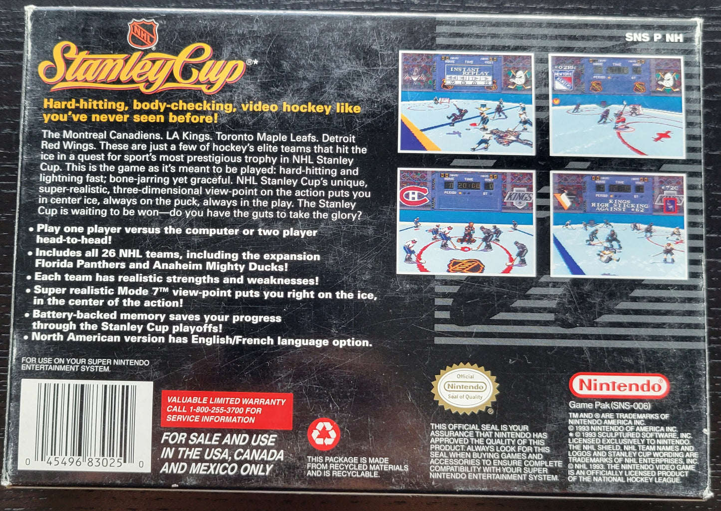 1993 STANLEY CUP CIB BRAND NEW MINT Complete With ALL INSERTS - SNES - Super Nintendo Ent. System NTSC Cartridge + Plastic Protector