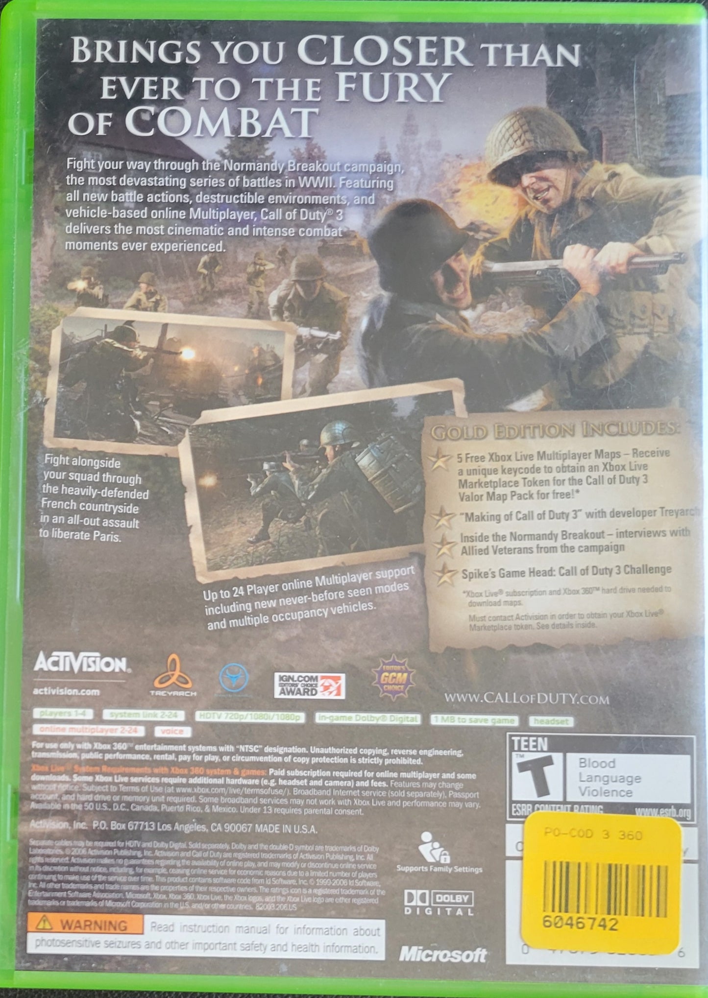 RARE Call Of Duty 3 Gold Edition! - (CIB) - Microsoft XBOX 360 - Pre-Owned Like New CLEAN DISC