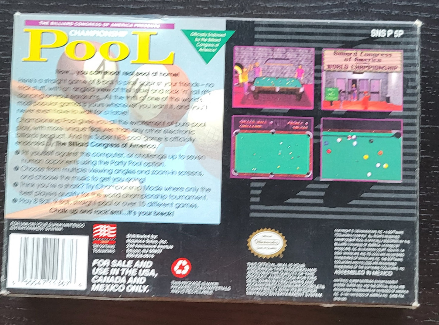 Championship Pool 1993 CIB ● Box ● Manual ● Protector - SNES - Super Nintendo Ent. System NTSC Cartridge MINT