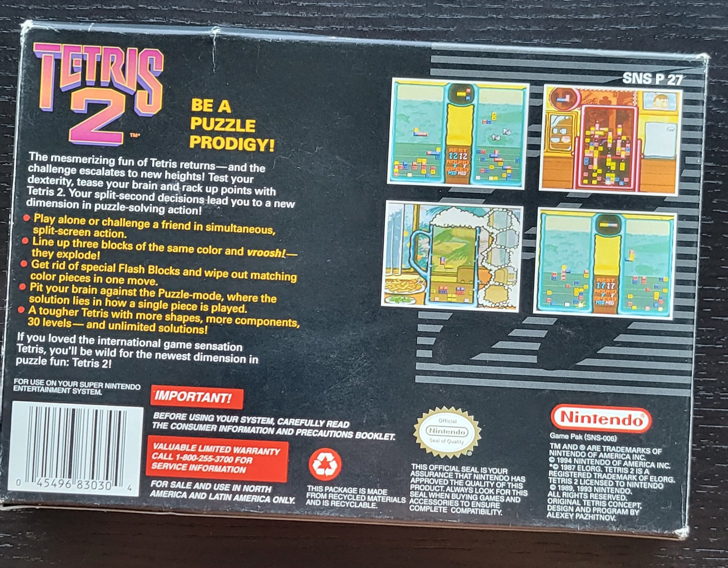 1994 TETRIS 2 CIB ● Box ● Manual ● Protector - SNES - Super Nintendo Ent. System NTSC Cartridge MINT