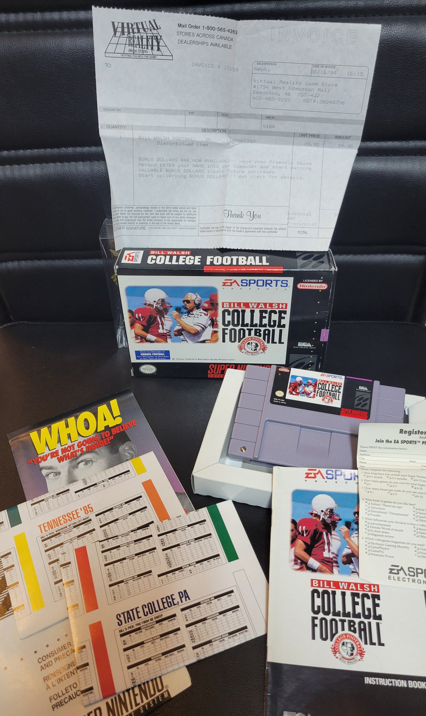 Bill Walsh: College Football + ORIGINAL RECEIPT (SNES) - Super Nintendo Ent. 1993 IMMACULATE Condition FACTORY PLASTIC - (CIB)
