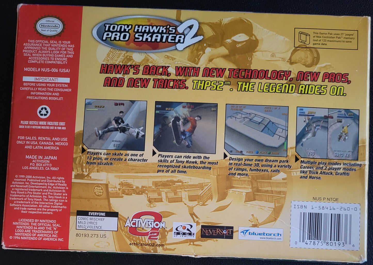 Tony Hawk's Pro Skater 2 - NINTENDO N64 (2001) (CIB) COMPLETE + Protector