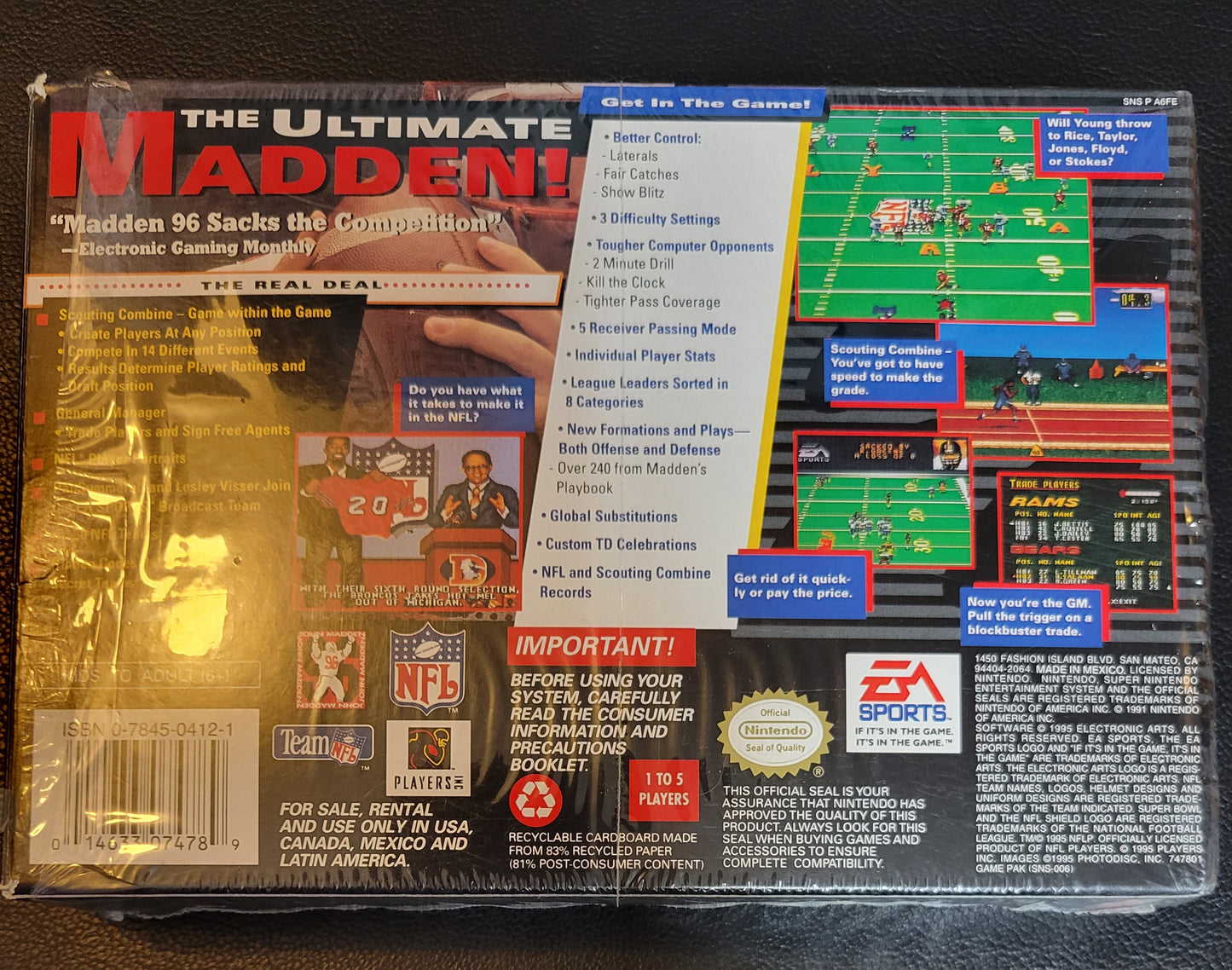 MADDEN 96 - SNES - Super Nintendo Ent. System FACTORY PLASTIC (CIB) - Pristine Condition - NTSC Cartridge + Protector
