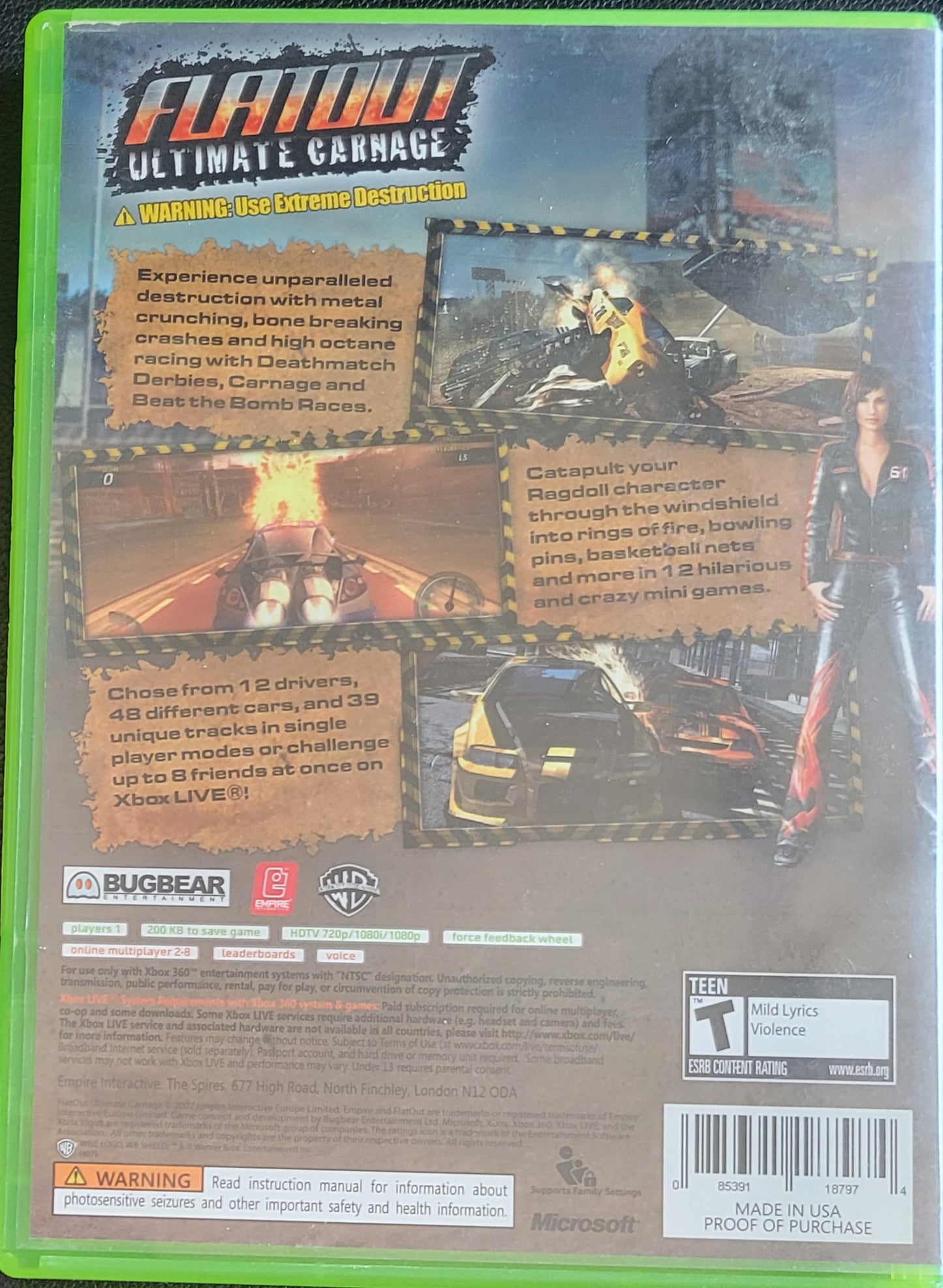 Flatout Ultimate Carnage - (CIB) - Microsoft XBOX 360 - Pre-Owned Like New CLEAN DISC
