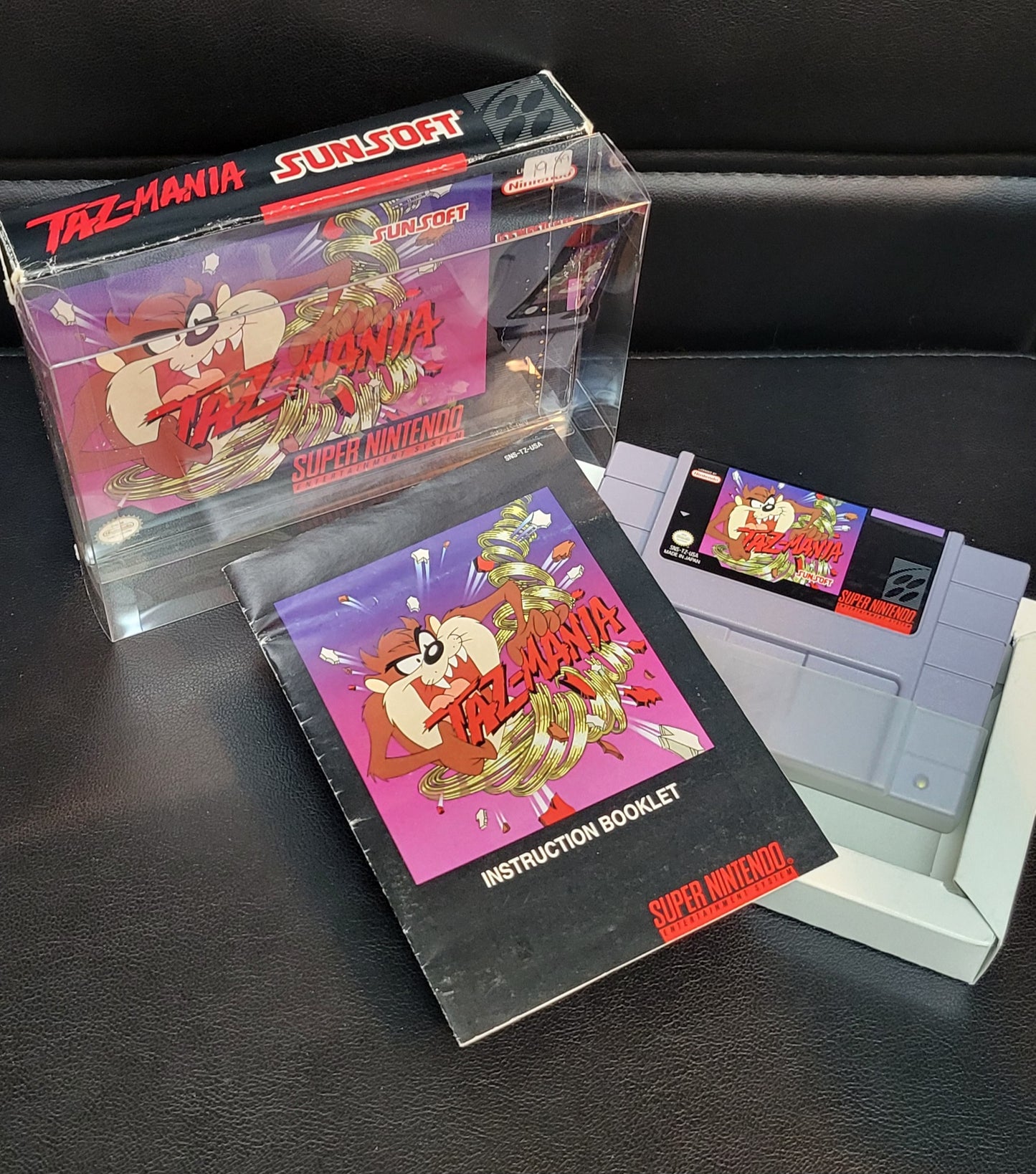 TAZ-MANIA CIB Authentic Box + Manual - SNES - Super Nintendo Ent. System 1992 NTSC/PAL Cartridge + Plastic Protector GREAT SHAPE