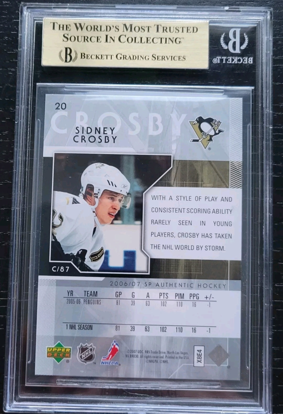 2006-07 SP AUTHENTIC SIDNEY CROSBY BASE SET #20 GRADED BECKETT BGS 9.5 PENGUINS