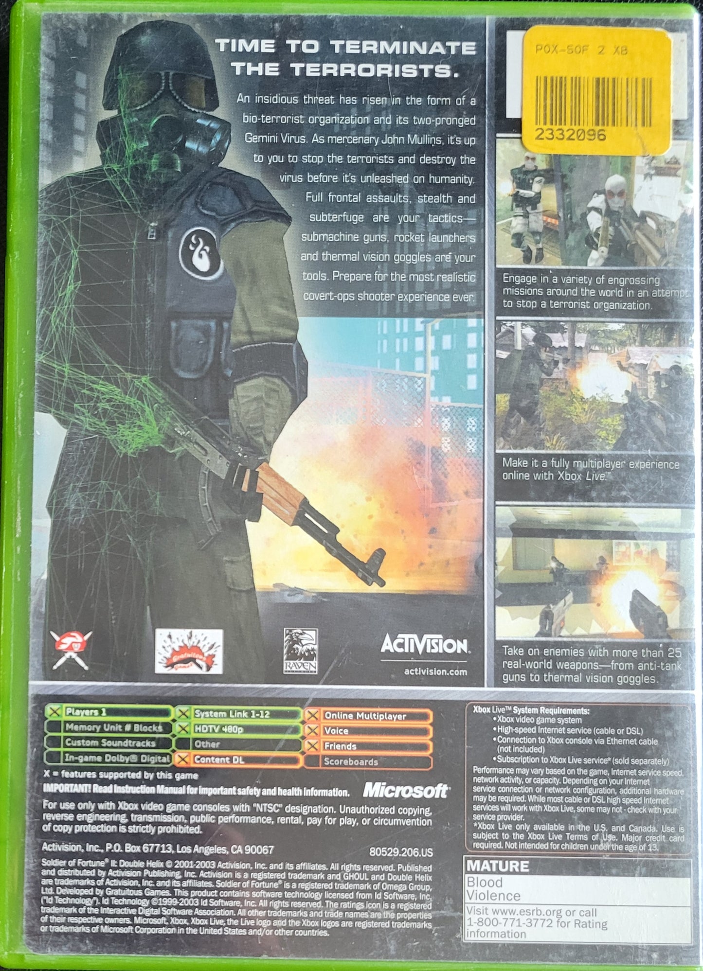 Soldier Of Fortune 2: Double Helix - Microsoft XBOX - CIB Pre-Owned Great Shape Tested & Working