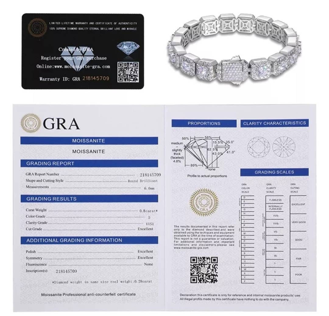 5 - 8MM GRA Certified Moissanite Princess Cut VVS1 D Clarity Tennis Bracelet 6 - 9.5 Inch White Yellow Rose Gold Will Pass Diamond Test