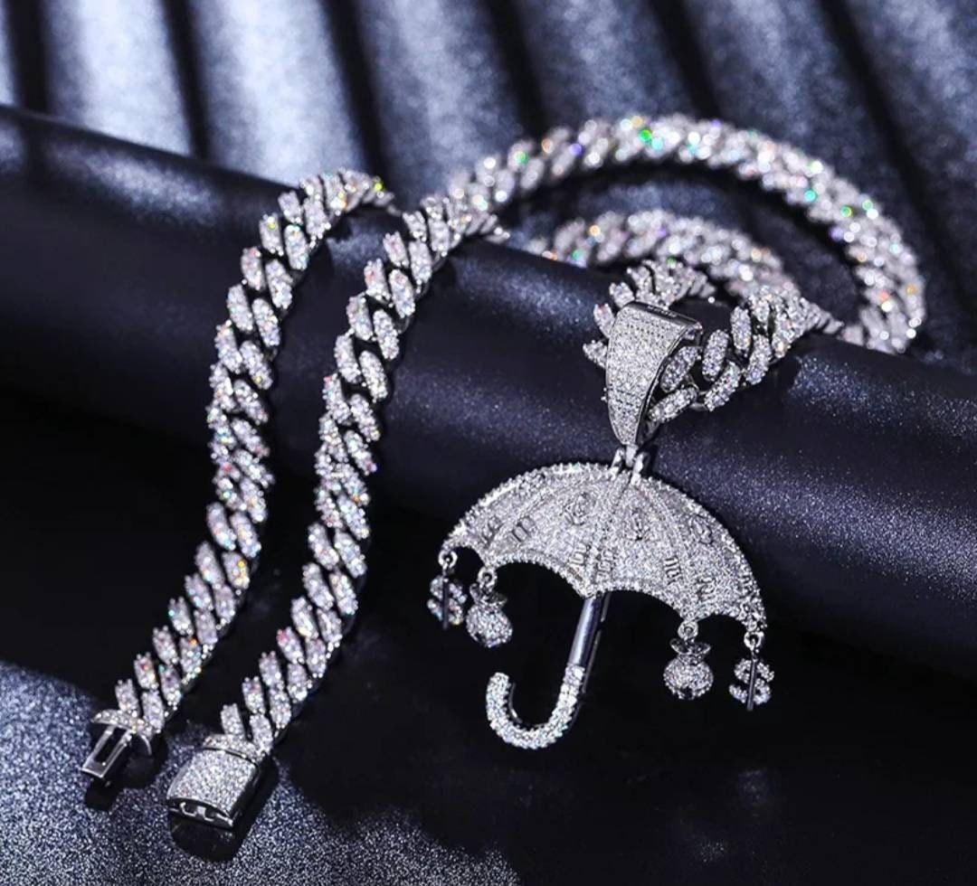 Unique Raining Money Umbrella Pendant Large 18G 57MM X 42MM Real Moissanite Stones Set On White/Yellow 925 Sterling Silver Best Quality