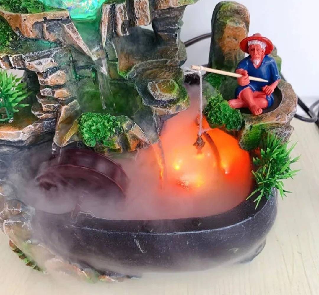 FISHERMAN Wealth & Luck Feng Shui Stone Water Fountain Ambience At Home Solid Statement Piece / Meditate / Calming / Add Plants / Bamboo