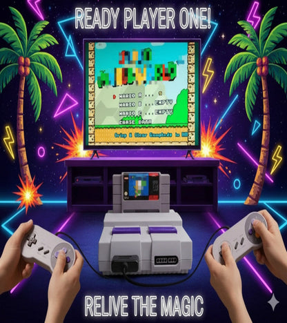 mini version of the super Nintendo console new Vintage video game console with two controllers, retro game screen, palm trees, and neon lights on a dark blue background.