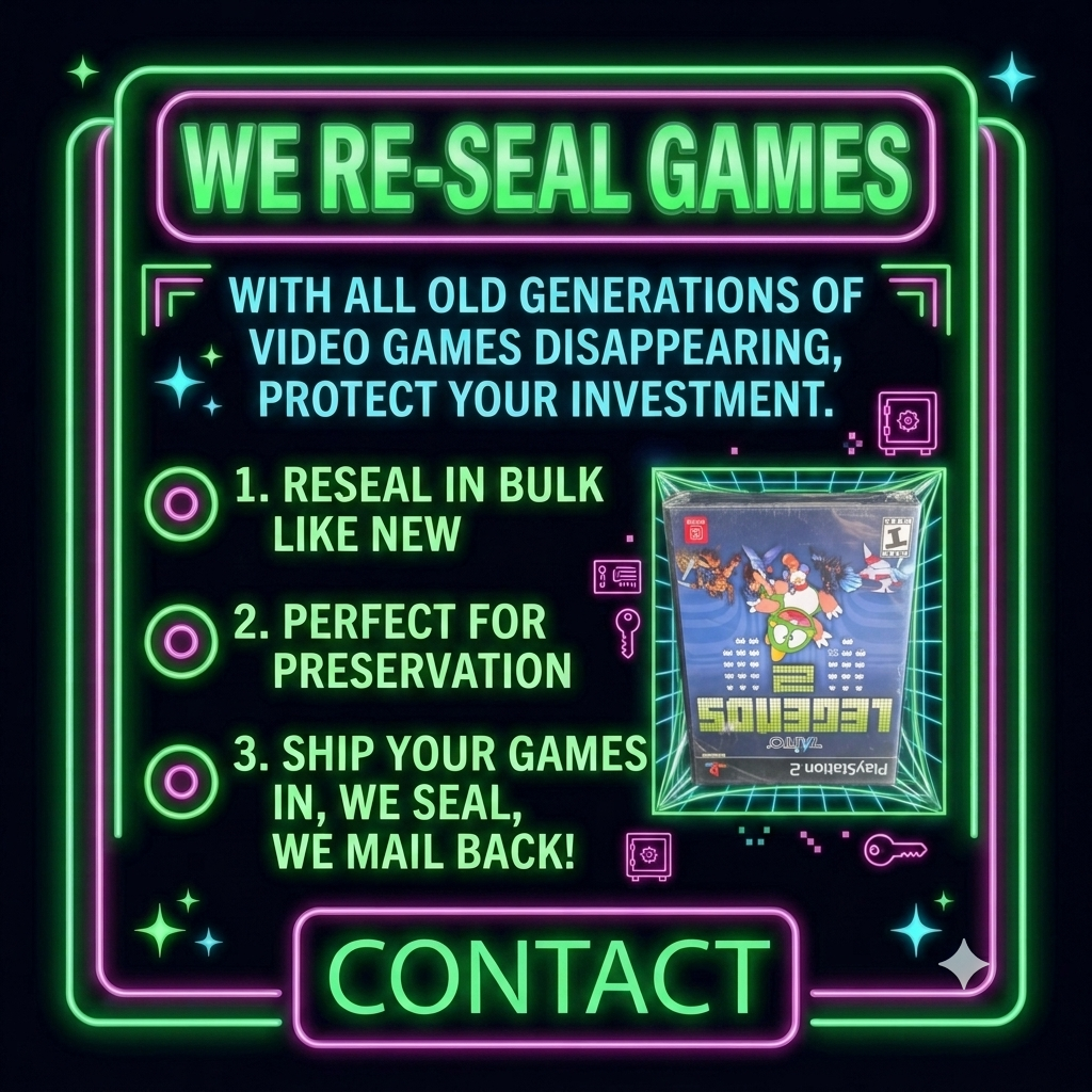 Neon sign advertising game sealing services with text and a game packaging illustration.