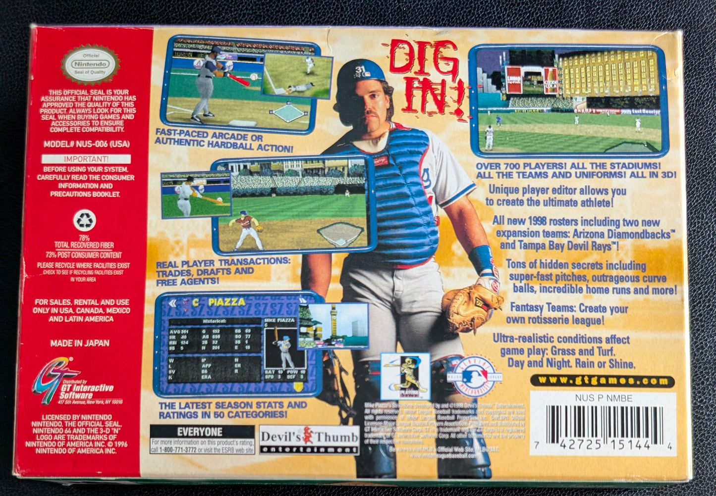 Mike Piazza’s Strike Zone Nintendo 64 (N64) – Complete in Box (CIB) with Manual & Protector – Excellent Condition