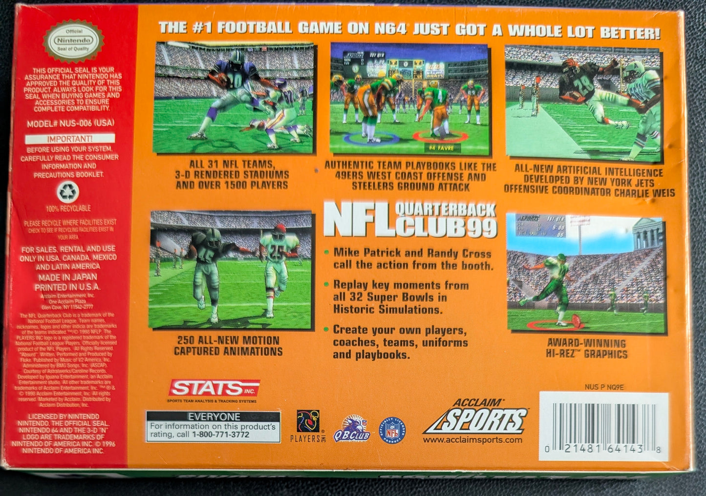 NFL Quarterback Club 99 – Authentic Nintendo 64 (N64) – 1999 Cartridge + Box + Protector
