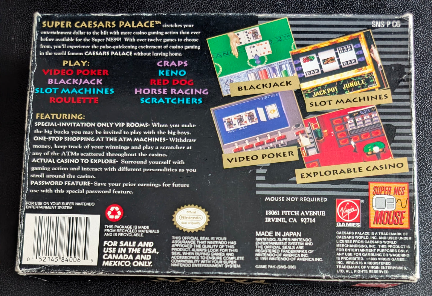 Caesars Palace – Super Nintendo (SNES) – Box, Cartridge & Protector GREAT SHAPE