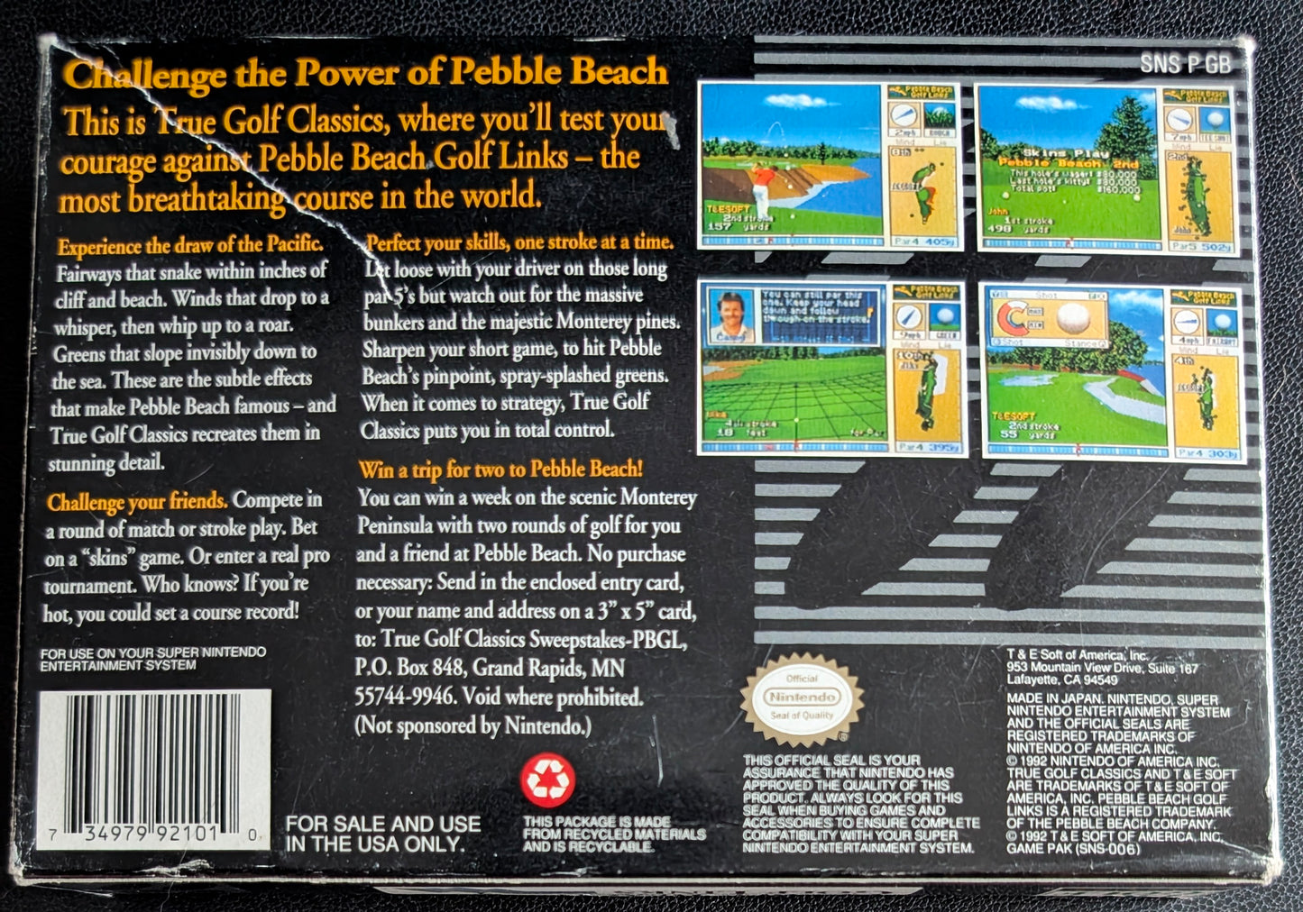 Pebble Beach Golf Links - Authentic SNES - 1997 Super Nintendo Entertainment System NTSC Cartridge + Protector (1992)
