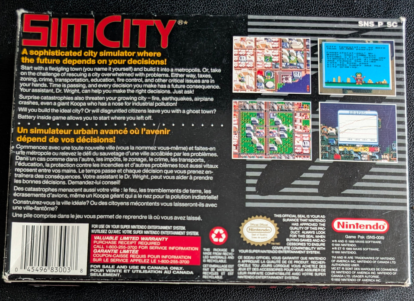 SimCity – Authentic Super Nintendo (SNES) – 1991 Cartridge + Box + Protector MINT