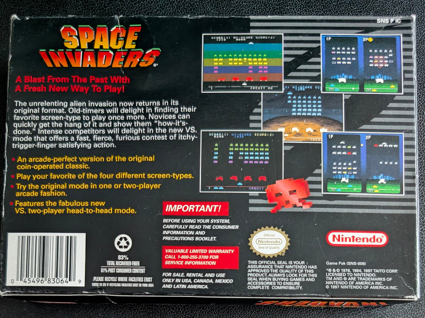 Space Invaders – Authentic Super Nintendo (SNES) – 1990 Cartridge + Box + Manual + Protector