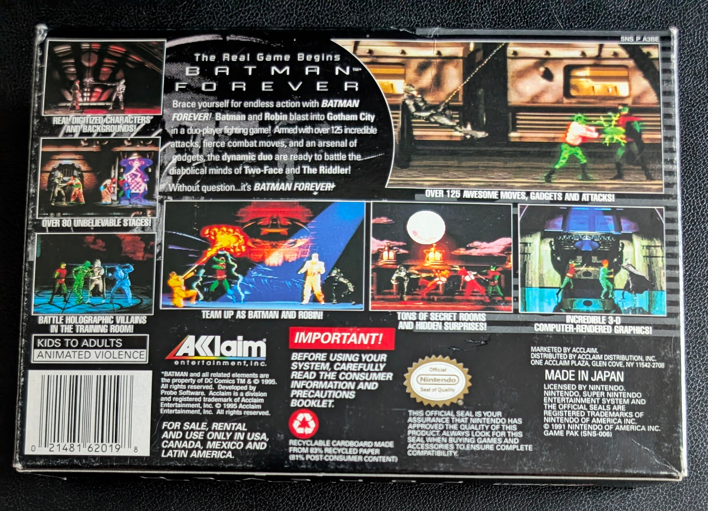 Batman Forever – Authentic Super Nintendo (SNES) – 1995 Cartridge + Box + Protector
