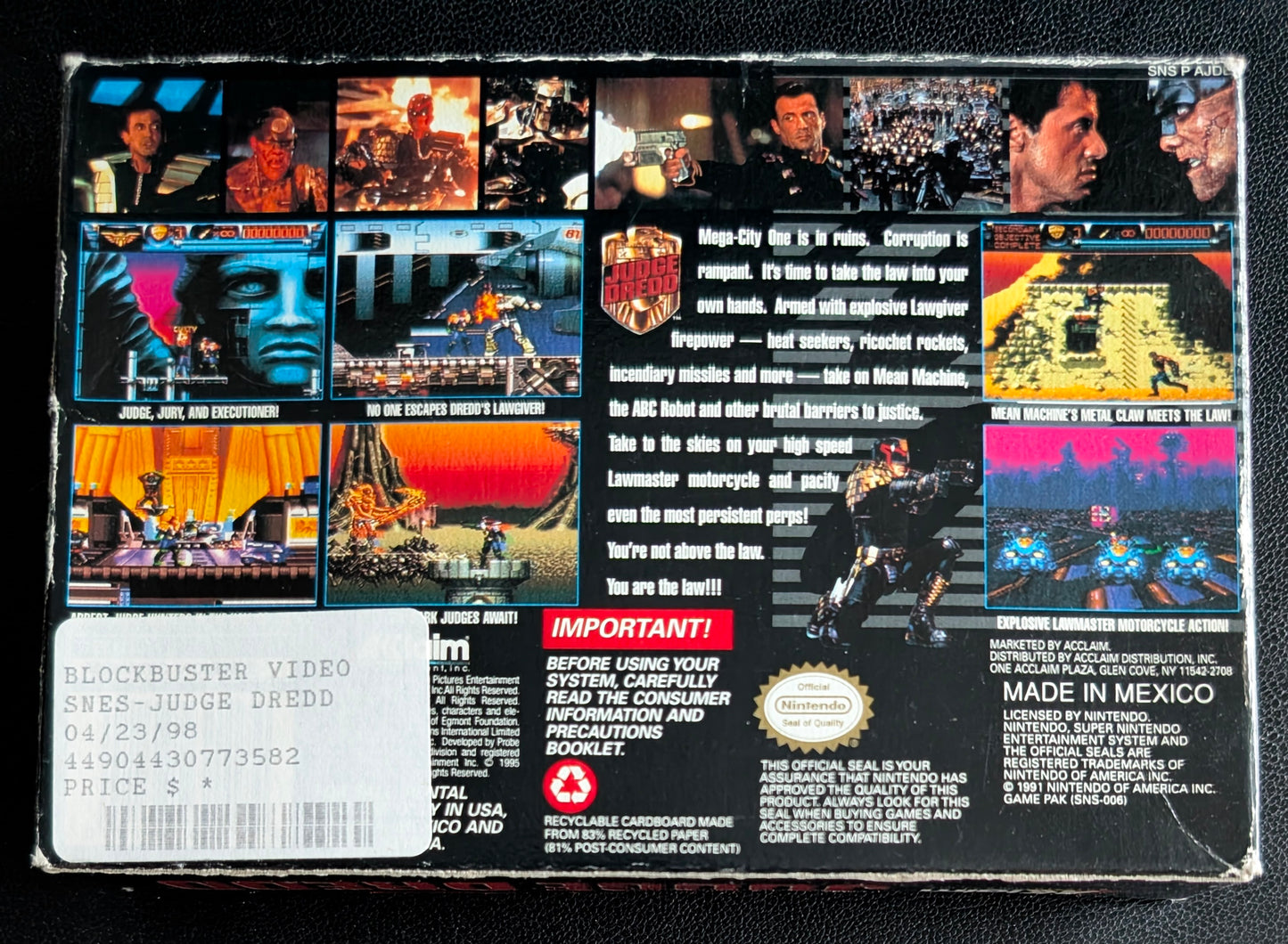 Judge Dredd – Super Nintendo (SNES) – COMPLETE Box, Cartridge & Protector – Clean & Tested