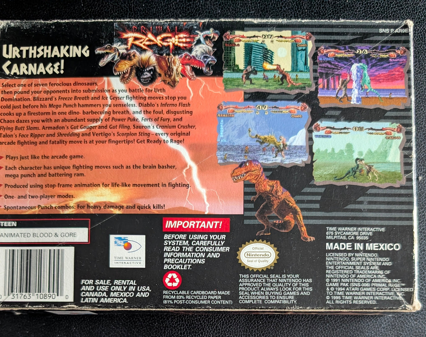 Primal Rage – Authentic Super Nintendo (SNES) – 1994 Cartridge + Box + Protector