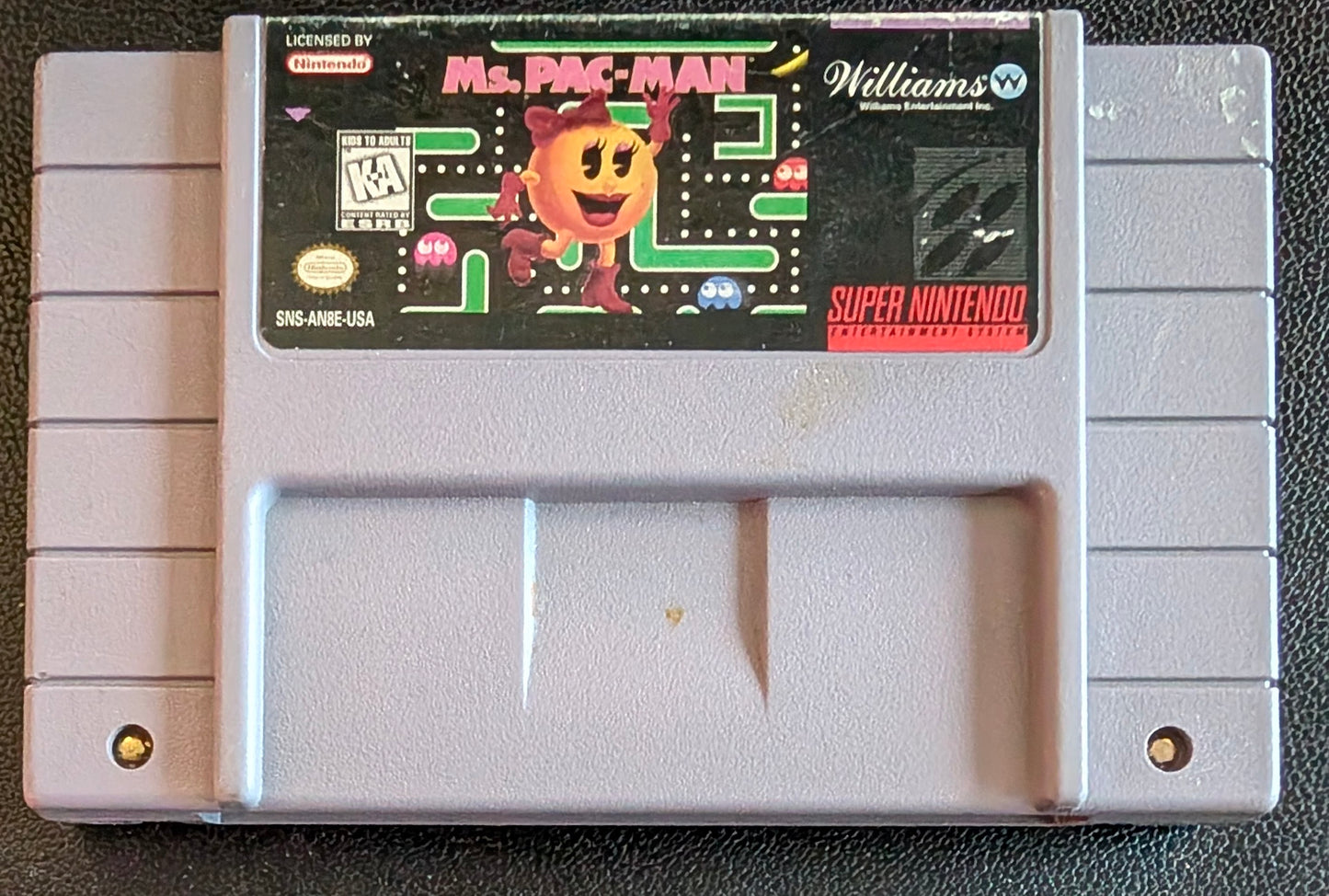 1996 Ms. Pac Man Authentic SNES Cartridge (Super Nintendo Ent. System) Plus Platic Protector