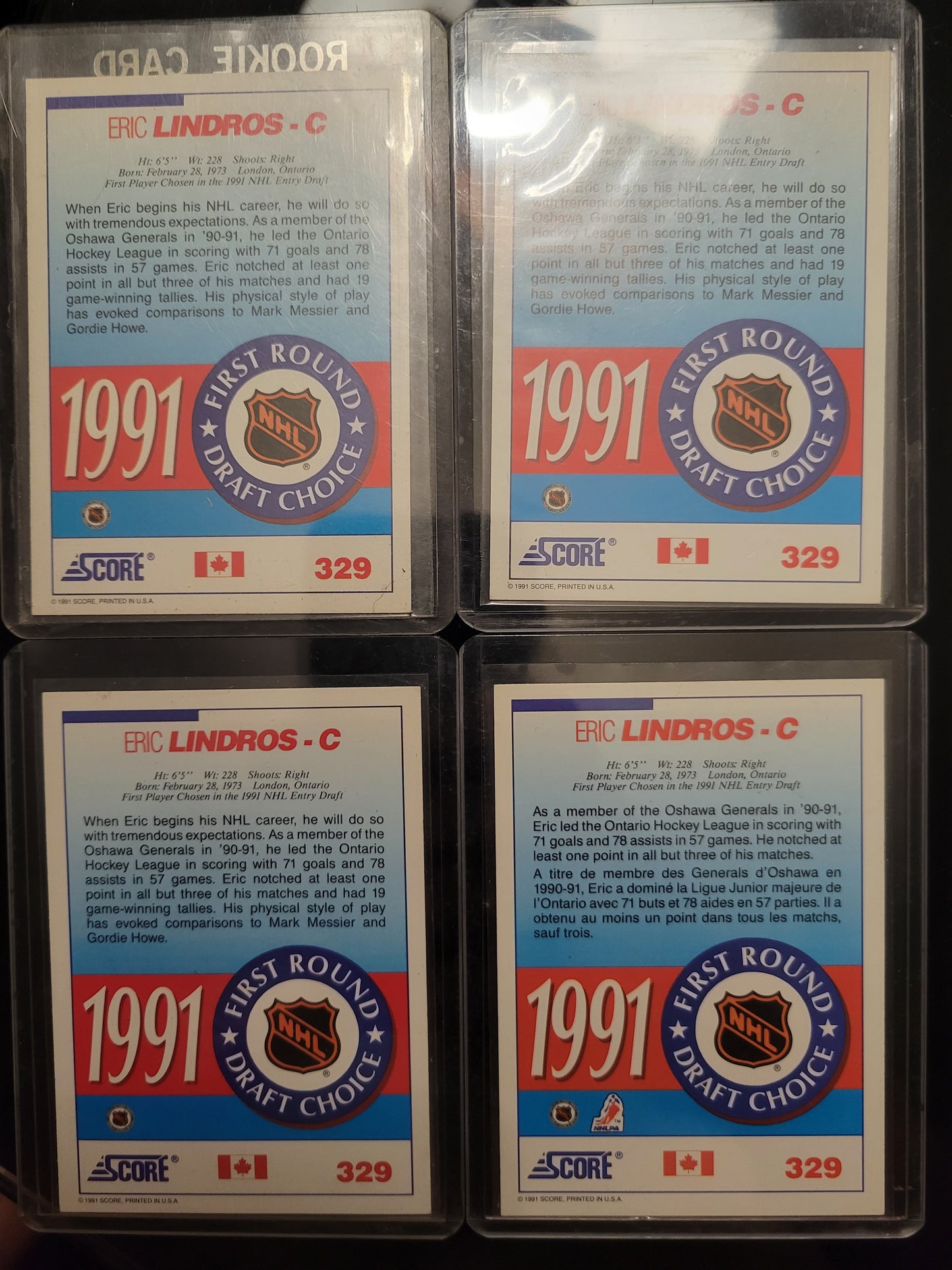 Lot Of 4 SCORE 91' ERIC LINDROS ROOKIE Cards MINT Soft + Top Loader Since New