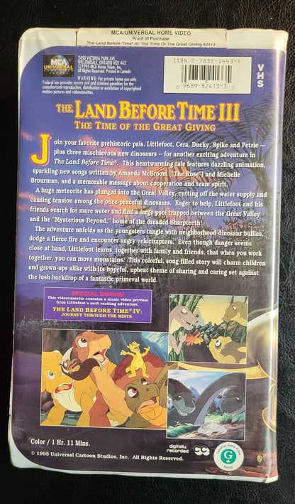 The Land Before Time 3: The Time Of The Great Giving 1990's VHS Tape + Box Pre - Owned