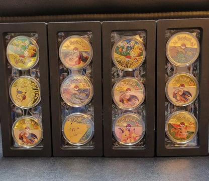 24k Gold Plated Pokémon Coin Set Of 12 Plus Protective Display Case Like New ***