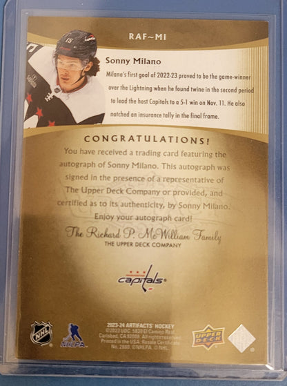 2023 24 SONNY MILANO Artifacts Auto Facts AUTOGRAPH Washington Capitals #RAF-MI MINT