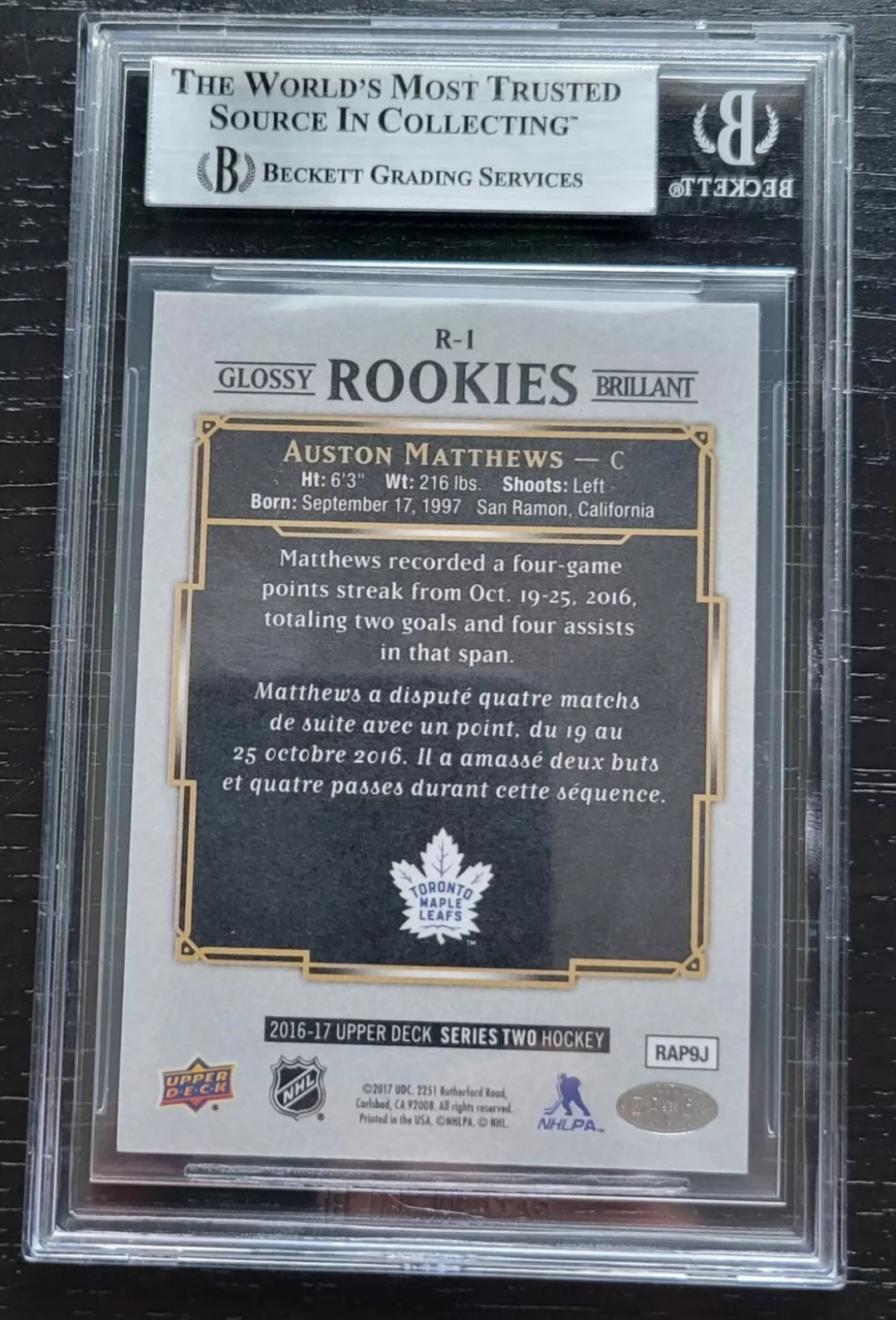 2016 17 OPeeChee OPC Auston Matthews Glossy Rookie Black R-1 BGS 8.5 LOW POP