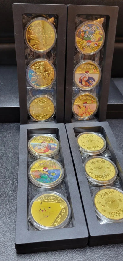 24k Gold Plated Pokémon Coin Set Of 12 Plus Protective Display Case Like New ***