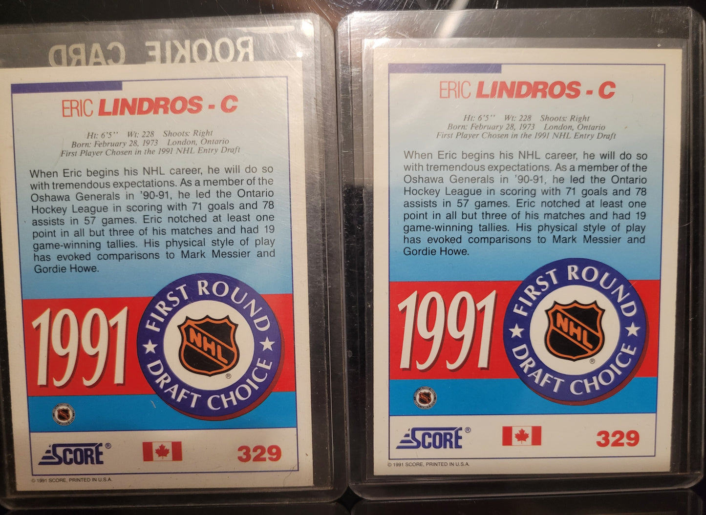 Lot Of 4 SCORE 91' ERIC LINDROS ROOKIE Cards MINT Soft + Top Loader Since New