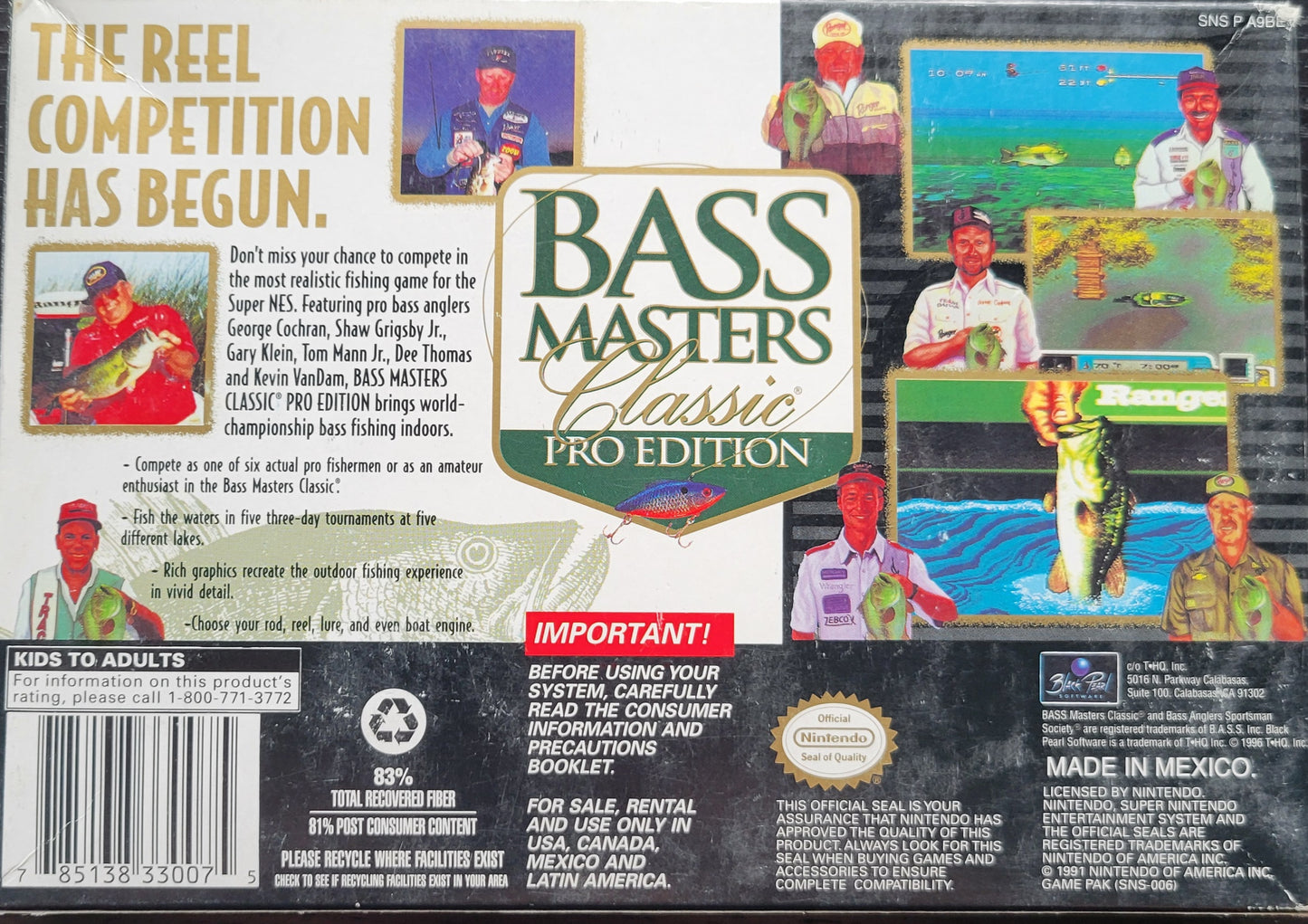 BASS MASTERS CWB Complete With Box - SNES - Super Nintendo Ent. System NTSC Cartridge + Plastic Protector & RARE Poster!