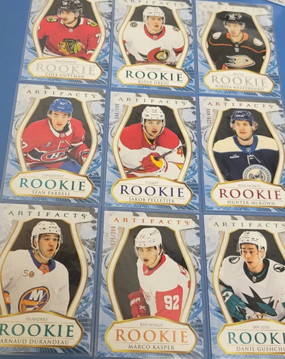 Lot Of 9 2023 24 ARTIFACTS NHL ROOKIE CARDS Numbered Multiple Color MINT COND.