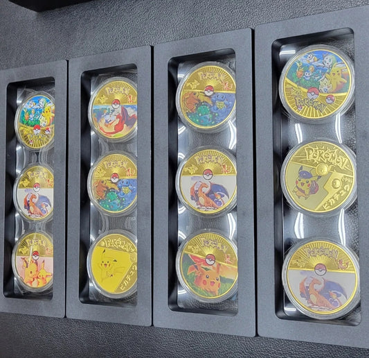 24k Gold Plated Pokémon Coin Set Of 12 Plus Protective Display Case Like New ***