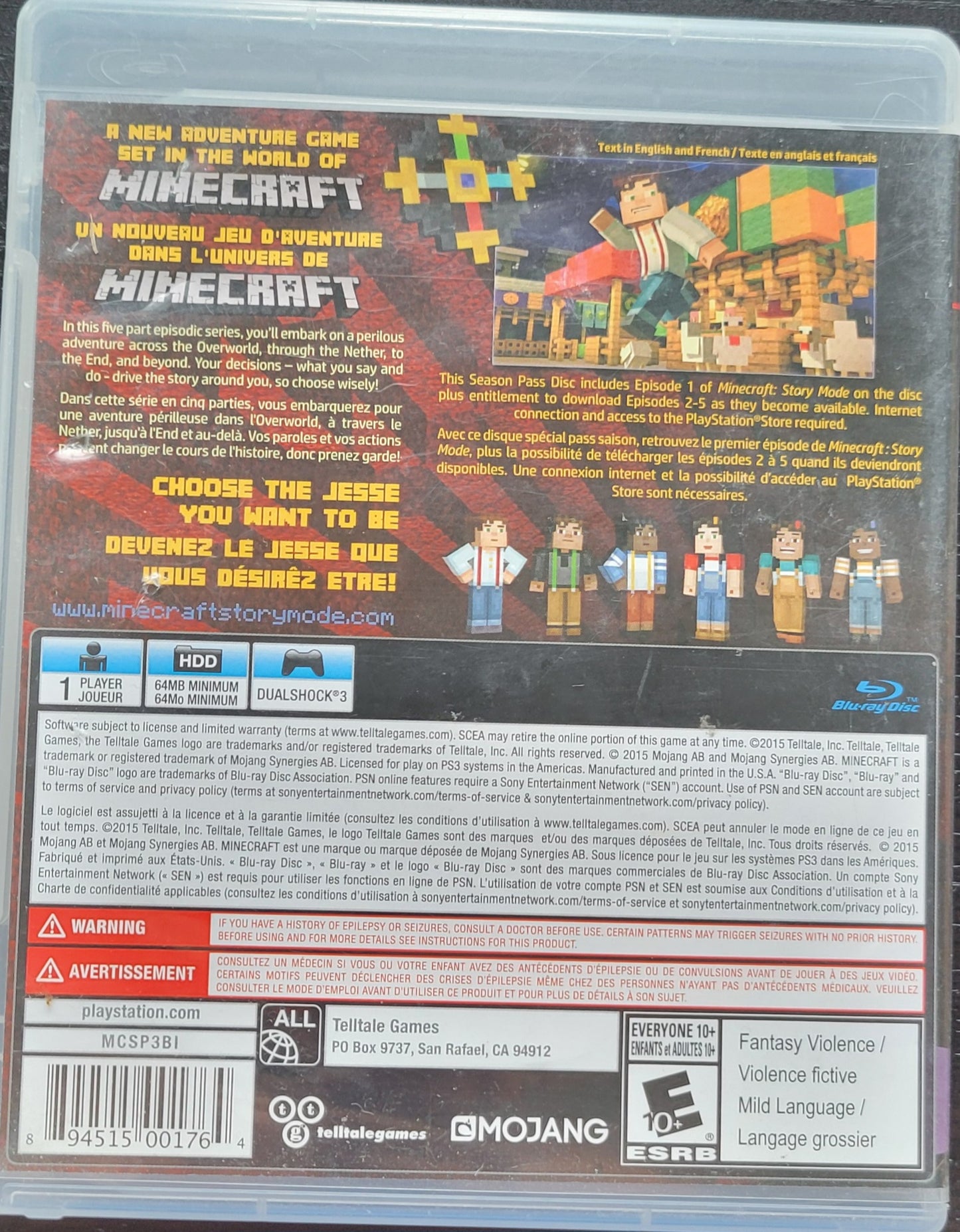 MINECRAFT: Story Mode - 2013 Sony PlayStation 3 PS3 Pre-Owned Great Shape Tested & Working