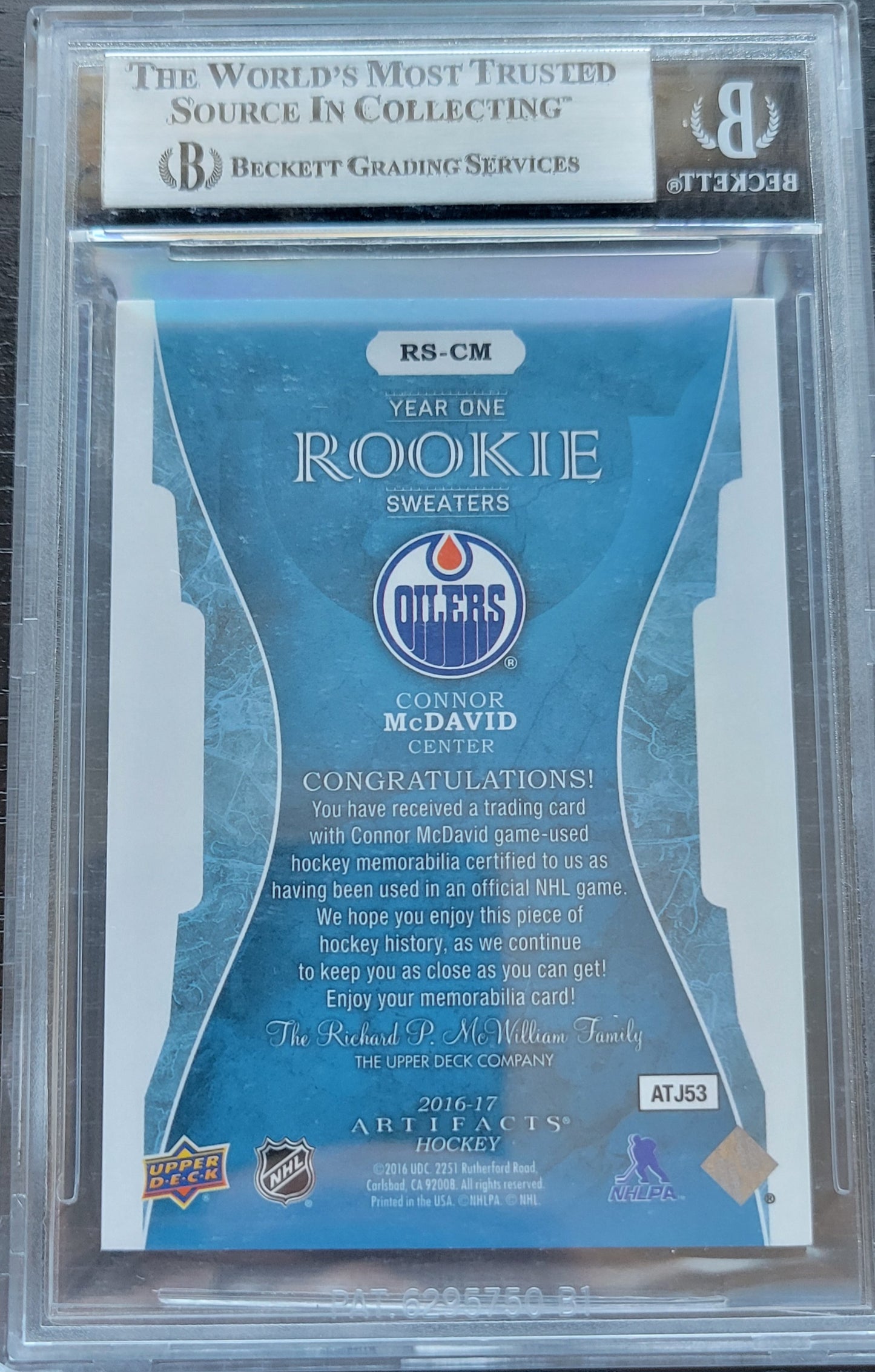 2015 2016 CONNOR MCDAVID ARTIFACTS HOCKEY YEAR ONE ROOKIE SWEATERS GAME USED BGS 9 MINT