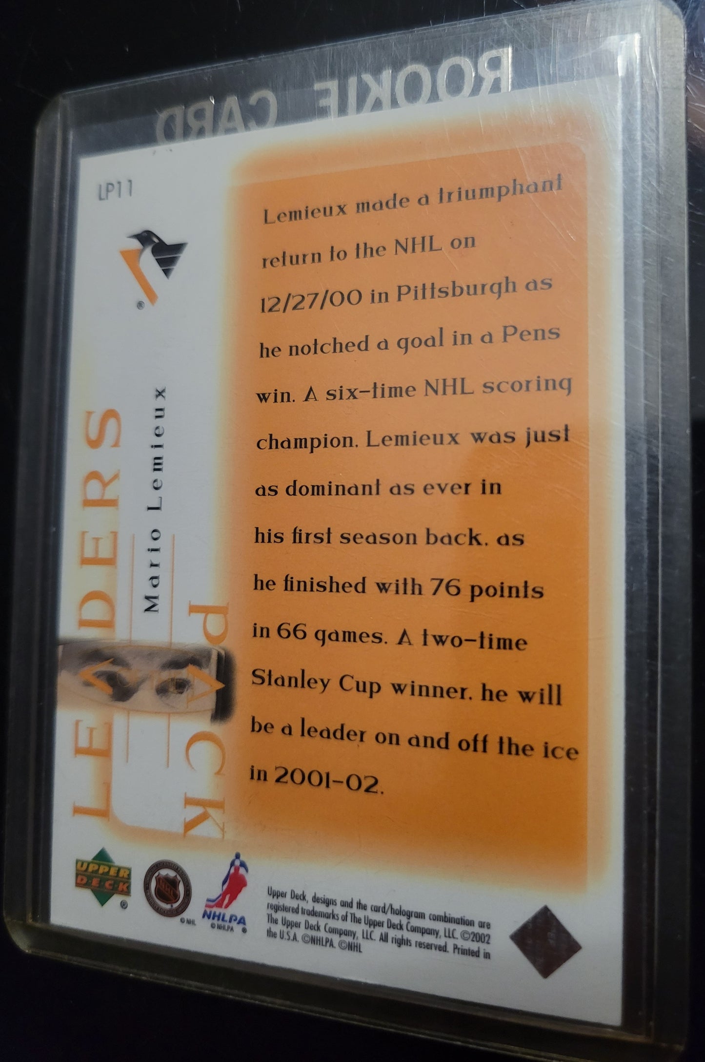 2001 MARIO LEMIEUX "Pack Leaders" UD Upper Deck NHL Hockey Card Great Shape Soft + Top Loader Since New Smoke Pet Free Home Great Collector's