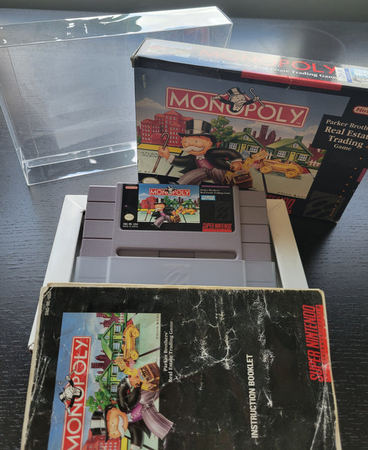 1992 MONOPOLY CWB Complete With Box/Manual - SNES - Super Nintendo Ent. System NTSC Cartridge + Plastic Protector