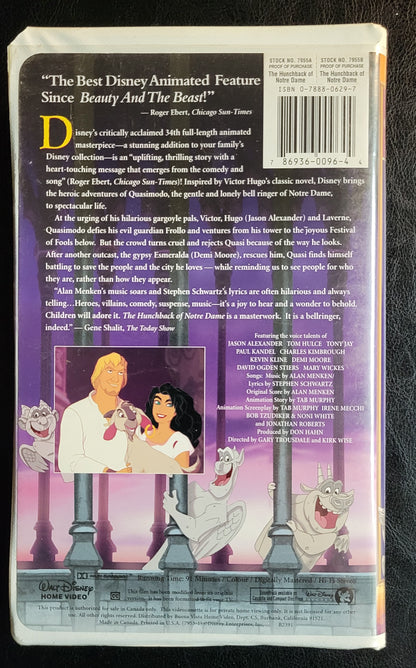 Walt Disney's The Hunchback Of Notre Dame 1990's VHS Tape + Box Pre - Owned